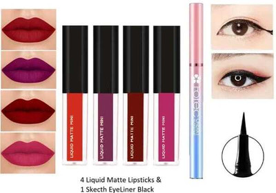 Flimora Lasting Water Proof Liquid Matte Beauty Lipstick 4 Pcs + Sketch EyeLiner Black(The Red Edition, 18.5 g)