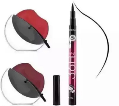 Marie Huda APPLE SHAPE LIPSTICKS RED+MAROON WITH 36H LONG LASTING EYELINER PENCIL(Red, 10 ml)