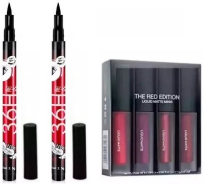 FRIPPE 36 Hour Deep Black Eyeliner(2 Piece) & Red Edition Liquid Matte Lipstick 4 Piece(MULTICOLOR, 16 ml)