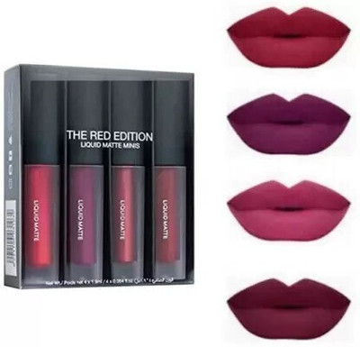K3NTERPRISES Red Edition Waterproof Long Lasting Set of 4 Liquid Matte Lipsticks KR-4(Red, 30 ml)