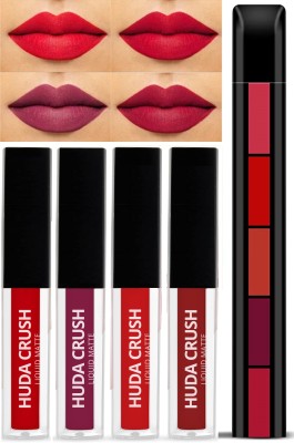 HUDA CRUSH BEAUTY Lipstick Combo Pack of 4Pcs Mini Liquid Lipsticks with 5in1 Fab Lip Color(Red Edition, 30 ml)