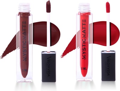 veloxveda MysticMatte Water & Smudge-Proof Lipstick | Enriched with Vitamin E & Jojoba Oil(EXPRESSO NOIR 02, HOT RED 09, 10 ml)