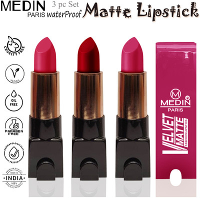 MEDIN Paris Velvet Matte Lipsticks long Lasting Combo Set 3(Purple Red Pink, 15 g)