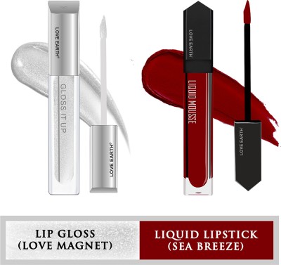 LOVE EARTH Liquid Lipstick Sea Breeze & Lip Gloss Love Magnet(Sea Breeze /Silver Glitter, 9 ml)