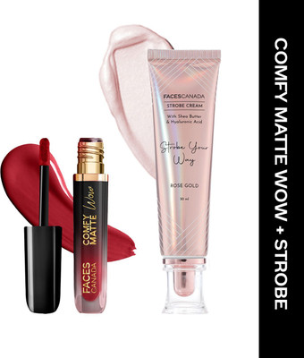 FACES CANADA Comfy Matte Wow Liquid Lipstick (3.8ml) & Strobe Cream (30ml) |(Maroon Maven 05 & Rose Gold, 33.8 ml)