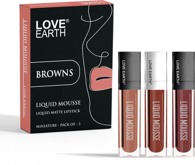 LOVE EARTH Liquid Mousse Lipstick Browns Matte Finish Mini Pack of 3, Waterproof Lipstick(Browns, 6 ml)