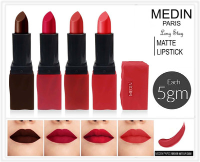 MEDIN super stone Waterproof Long Lasting matte lipsticks combo pack set of 4 color(carrat red magenta hot chocolate, 20 g)