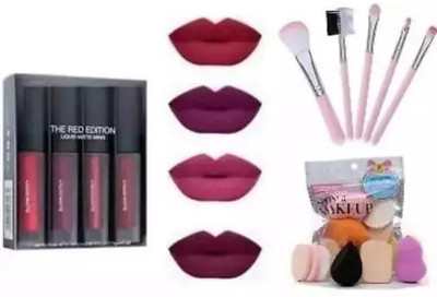 KAATO The Red Edition Matte Mini Liquid Lipstick 4 & PUFF PACKET & 5 PC BRUSH SET(The Red Edition, 6 ml)