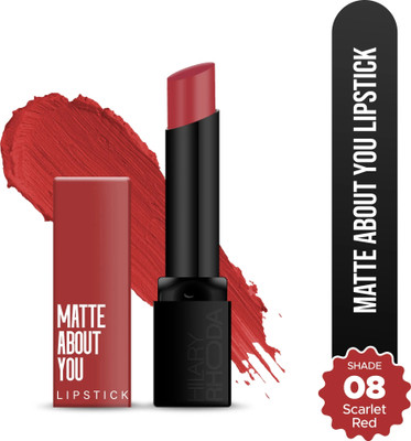 Hilary Rhoda Matte About You Lipstick | Long Lasting & Highly Pigmented | Matte Finish(Scarlet Red - Shade 08, 3 g)