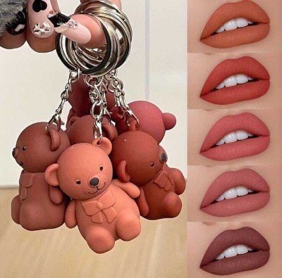 Ashyra Cute 2in1 Matte Teddy Bear Keychain Lipstick | Long Stay Non-Sticky (Pack of 5)(Multicolour, 5.2 ml)