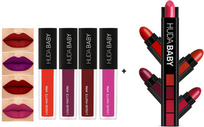 HUDA BABY Beauty 4 Piece WaterProof Liquid Matte Combo Pack + 5 in 1 Lipstick Set(The Swiss Red Edtion, 15.5 ml)