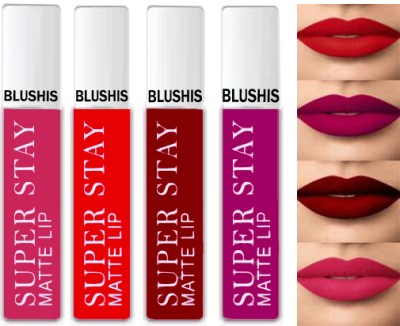 BLUSHIS NonTransfer Waterproof Longlasting Liquid Matte Lipsticks Combo Of 4pc(Magenta, Red, Maroon, Purple, 20 ml)