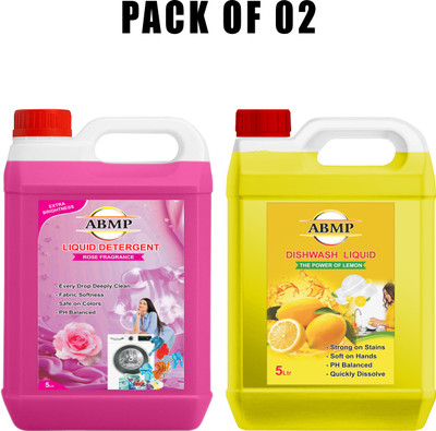 ABMP Rose Detergent & Lemon Dishwash Gel Combo Pack Deep Clean Extra Power Premium Multi-Fragrance Liquid Detergent(2 x 5 L)