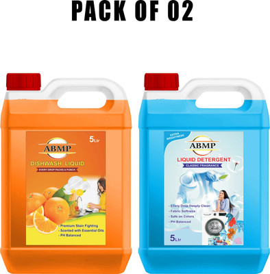 ABMP Combo Pack Orange Dishwash Non Acidic And Classic Laundry Liquid Detergent Multi-Fragrance Liquid Detergent(2 x 5 L)