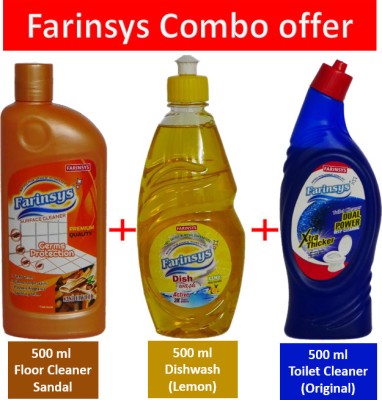 Farinsys Combo Sandal: 500 ml Floor Cleaner + 500 ml Toilet Cleaner + 500 ml Dishwash Sandalwood Liquid Detergent(1500 ml)