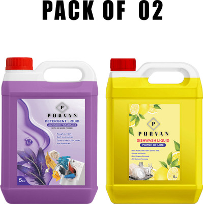 PURVAN Combo Pack Lavender Detergent And Lemon Dishwash Gel Non Acidic Premium Quality Multi-Fragrance Liquid Detergent(2 x 5 L)