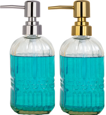 Sand Dune Set of 2,400 ml Each Clear Glass Multicolor Press Pump Soap DispenserlRefillable 400 ml Liquid Dispenser(Black, Gold, Silver)