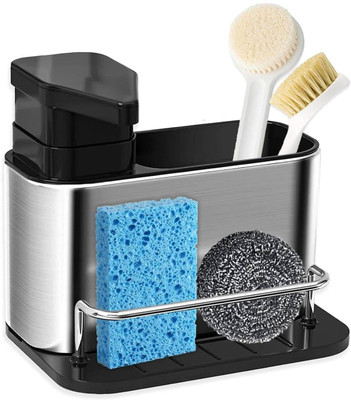 FIPPYO Stainless Steel 3 in 1 Sink Caddy Stand 340 ml Liquid Dispenser(Silver, Black)