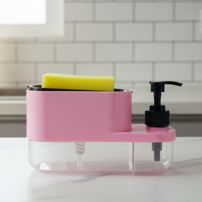 Houspace 3 in 1 Soap dispenser,Soap Pump Dispenser and sponge holder 500 ml Soap, Liquid Dispenser(Pink)