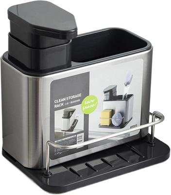 FIPPYO 3-in-1 Stainless Steel Sink Caddy Organizer with Soap Dispenser 340 ml Liquid Dispenser(Silver, Black)