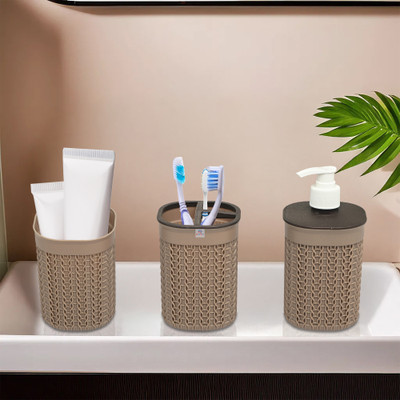Heart Home Plastic Bathroom Accessories Set of 3 | Paste and Tooth Brush Holder | Beige 1000 ml Soap Dispenser(Beige)