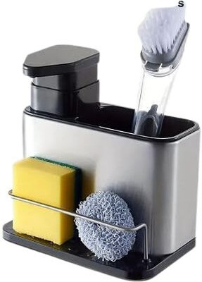FIPPYO Dish Soap Dispenser for Kitchen Sink, 3 in 1 Kitchen Sink Caddy 340 ml Liquid Dispenser(Silver, Black)