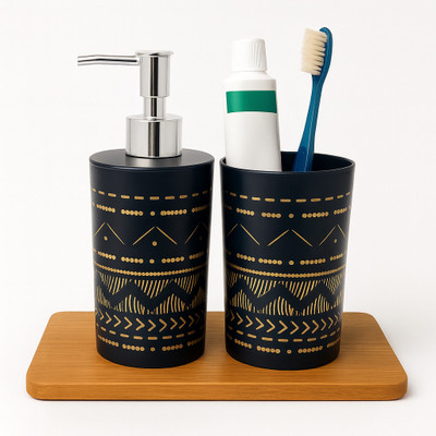 LAGET Bathroom Set with Soap Dispenser & Tumbler – Stylish Black & Gold Design 300 ml Soap, Liquid, Shampoo, Gel, Lotion Dispenser(Black)