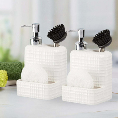 Kookee Ceramic Soap Dispenser liquid handwash pump for Bathroom, Set of 2, White 400 ml Liquid, Soap, Shampoo, Lotion, Conditioner Dispenser(White)