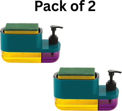 Manbasiya 3-in-1 Soap Dispenser with Sponge,Kitchen Sink Liquid Dispenser,pack-2 400 ml Conditioner, Gel, Liquid, Lotion, Sanitizer Stand, Shampoo Dispenser(Green)