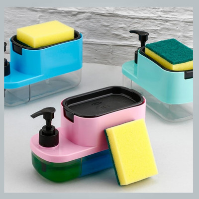 Fennyops ABS Plastic 3 in 1 Soap Pump Dispenser Dish Soap Sponge Holder_F44 600 L Liquid, Shampoo Dispenser(Multicolor)