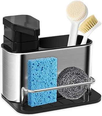FIPPYO 3 in 1 Kitchen Sink Caddy with Soap Dispenser & Sponge Holder | Stainless Steel 340 ml Liquid Dispenser(Silver, Black)