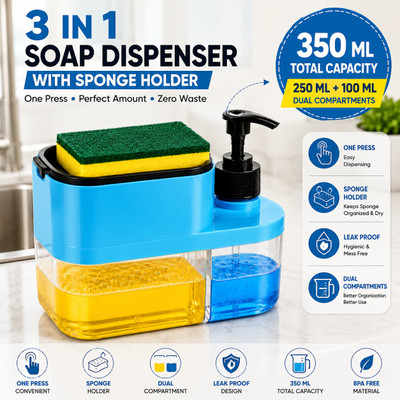 Saule Saule 3 in 1 Soap Dispenser with Sponge Holder | Liquid Dispenser in Kitchen 600 ml Gel, Liquid, Soap Dispenser(Multicolor)