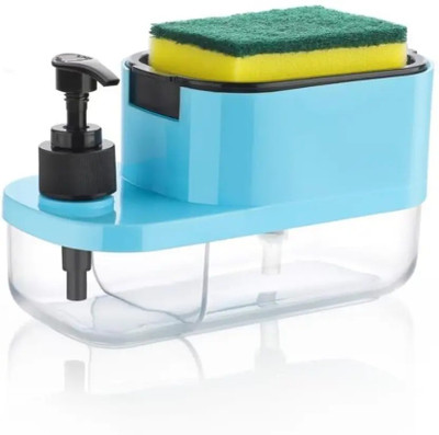 JainTraders 3 in 1 Kitchen Liquid Dispenser with Sponge Holder for Dishwashing Liquid 400 ml Soap, Foam, Gel, Liquid Dispenser(Blue)