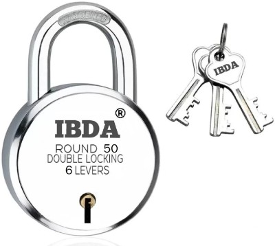 IBDA Round Lock 50mm | Double Locking | 6 Levers' Technology | Rivetless Steel Body Padlock(Silver)