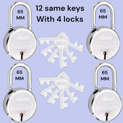 IDARA Round 65mm Same Key Lock Set - 4 Lock with 12 Same Keys for Home & Shop Security Padlock(Chrome)
