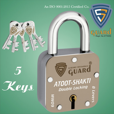S-Guard Atoot Laser Printed Heavy Door Lock,Gate Lock-60MM-8 Levers,Double Locking 5 Key Padlock(Silver, Gold)