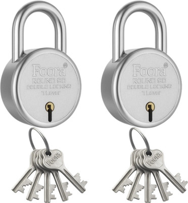 Foora Round 50 Small Lock – with 5 Keys (Pack of 2) Padlock(Silver)