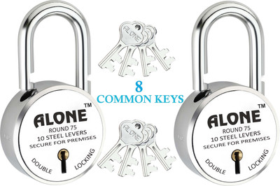 alone Round 75mm Lock for Home Gate Shop & Shutter, 8 Same Keys 2 Locks (pack 2) Padlock(Chrome)
