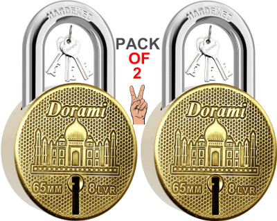 Dorami New Round 65mm Lock | Hardened Shackle | Double Locking | 8 Lvr Locks (Pack 2) Padlock(Gold)