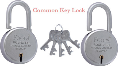 Foora Lock 65mm 2 Padlock with Common (Same) 5 Keys, ( ON DEMAND ) 8 Lever, Padlock(Silver)