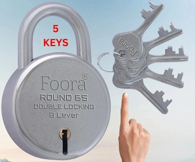 Foora Pad Lock Round 65mm with 5 Keys, 8 Lever Double Locking Technology Padlock(Silver)