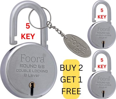 Foora Lock and keys Round 65mm 5 keys Pack of 3 padlock for home, door, gate , shutter Padlock(Silver)