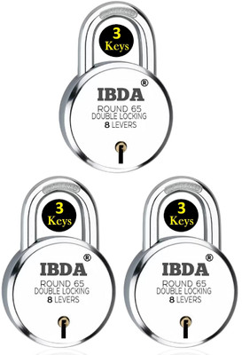 IBDA LOCKS Round 65mm 3Pcs. | Double Locking | 8 Levers' Technology | Rivetless Steel Padlock(Silver)