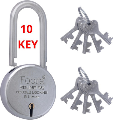 Foora Lock Long Shackle Round 65mm with 10 Keys, ( LIMITED EDITION ) Padlock Padlock(Silver)