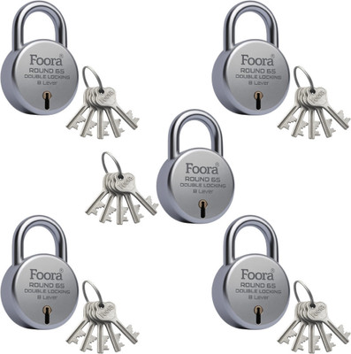 Foora Round 65 With 5 Keys (Pack of 5) – Double Locking Lock Padlock(Silver)