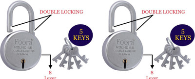 Foora Pack of 2 Round 65 with 5 Keys Each , Double Locking Multipurpose Use Padlock(Silver)
