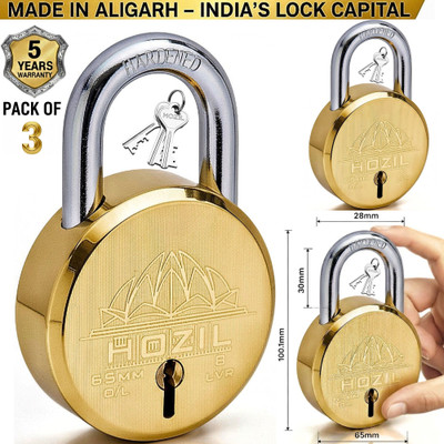 HOZIL L65 65mm with 3keys, double locking, hardened shackle, 8 levers (pack of 3) Padlock(Gold)