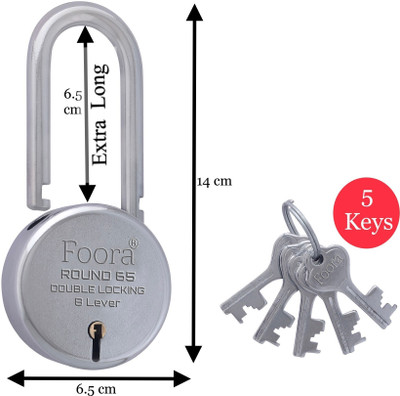 Foora Round 65 LS with 5 Keys, Extra Long Shackle, Double Locking, 8 Lever Padlock(Silver)