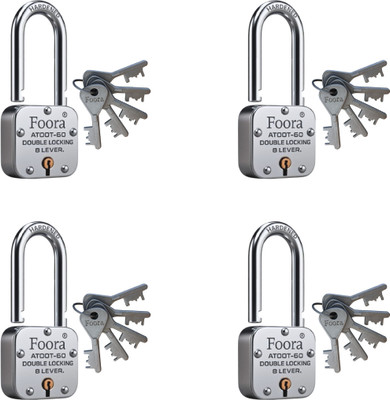 Foora Atoot 60mm Long Shackle Lock with 5 Keys-(Pack Of 4) Padlock(Silver)