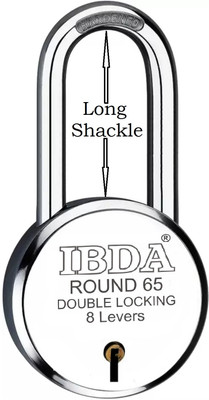 IBDA long shackle 65mm | lock & key |Double Locking| 8 Levers | Rivetless Steel Body Padlock(Silver)